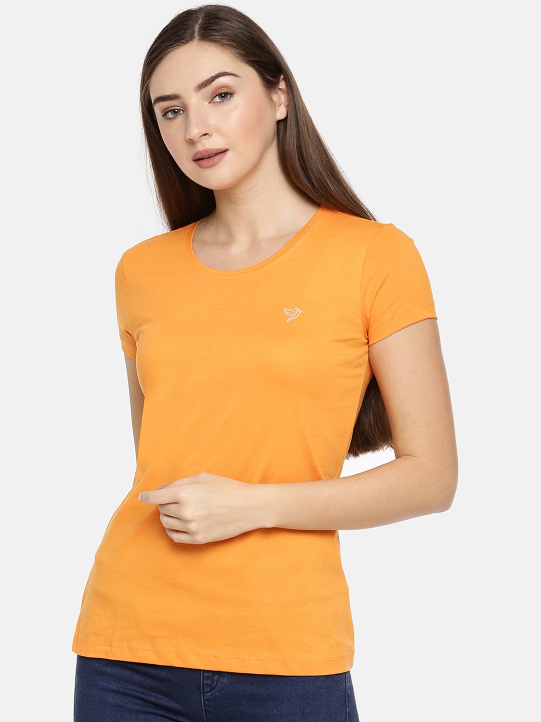 

TWIN BIRDS Women Orange Solid Round Neck Slim Fit Pure Cotton T-shirt