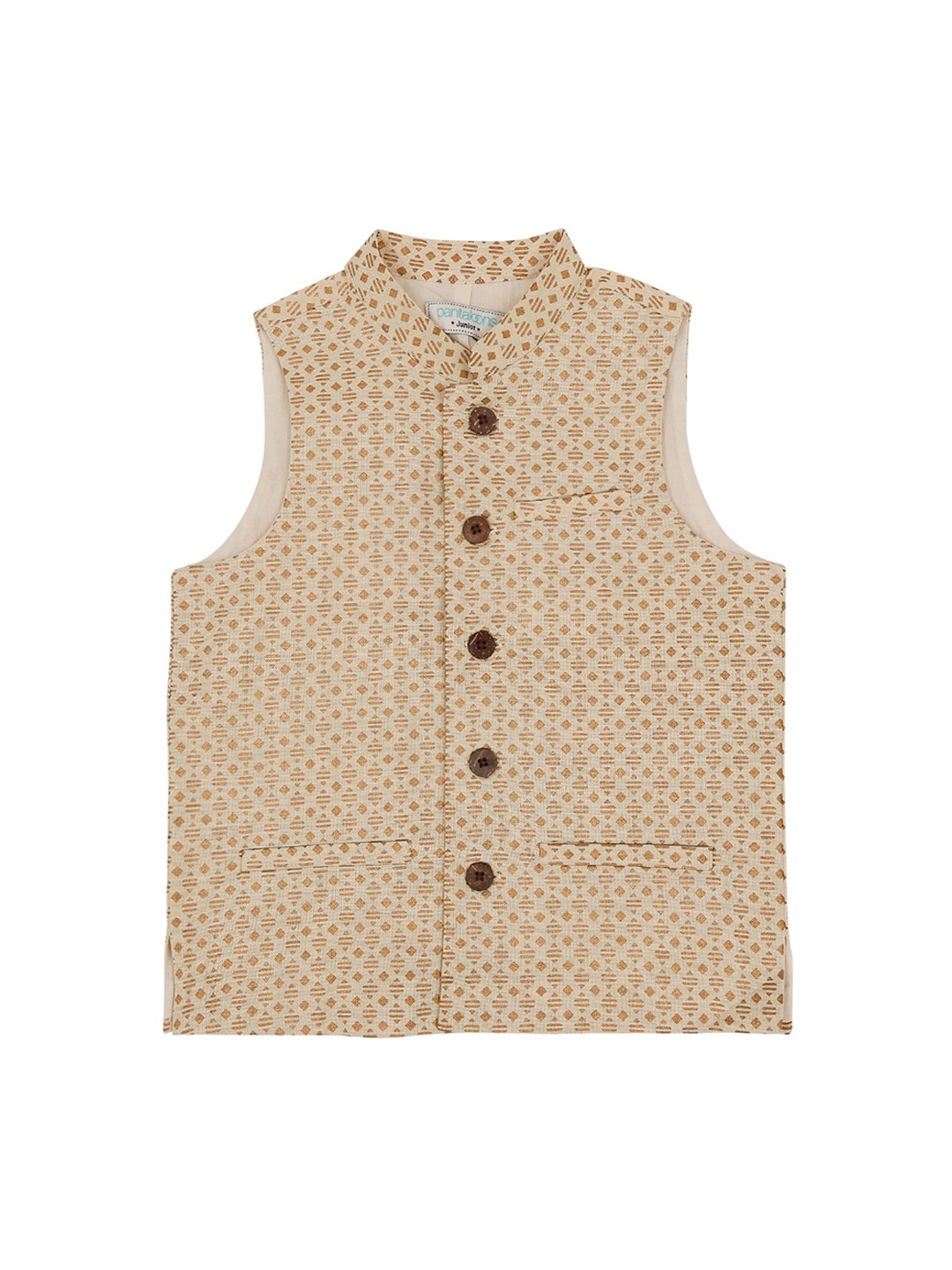 

indus route by pantaloons Boys Beige & Gold-Toned Woven Design Pure Cotton Nehru Jacket