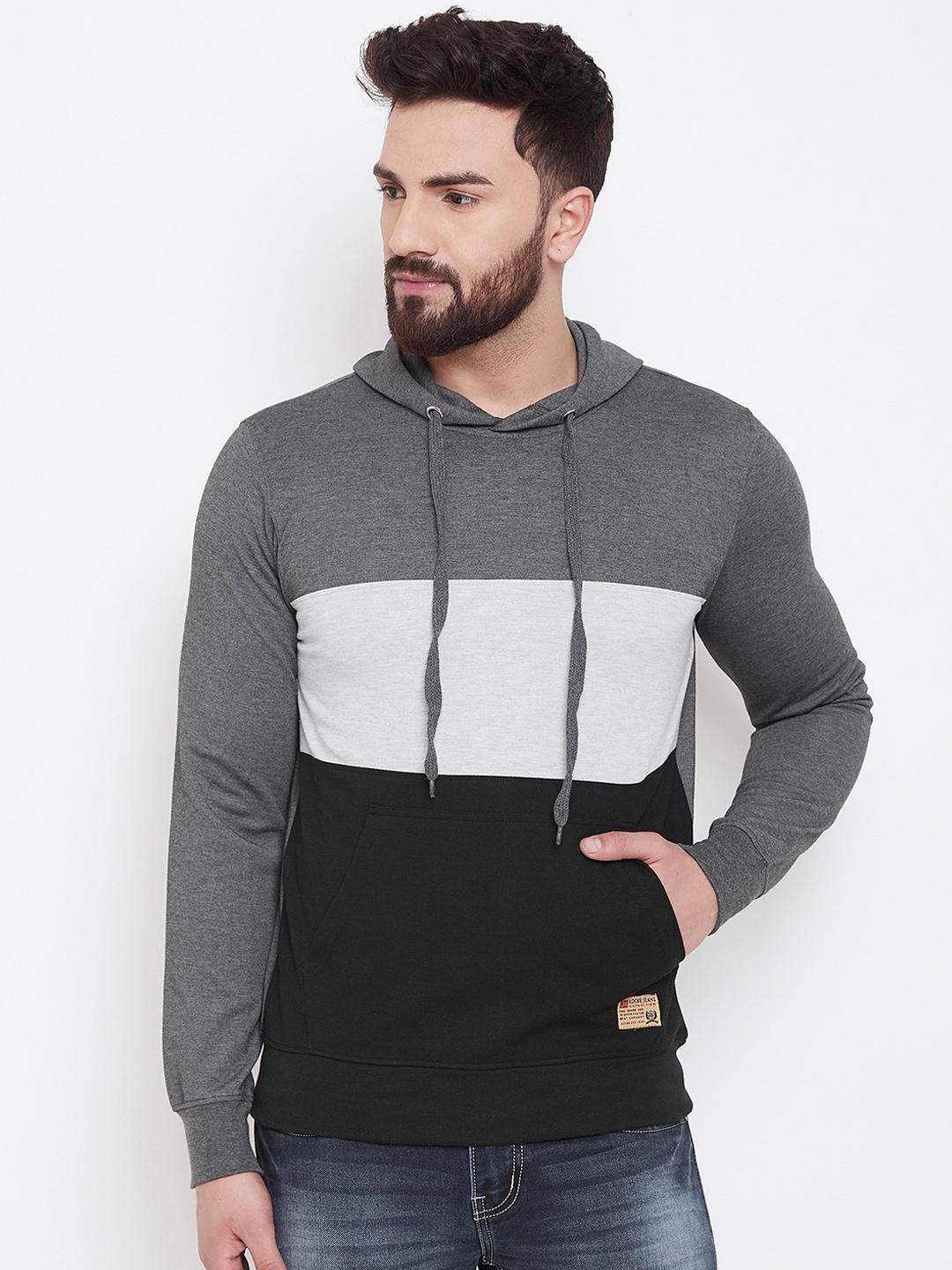 

Adobe Men Charcoal Grey & Black Colourblocked Hooded Sweatshirt