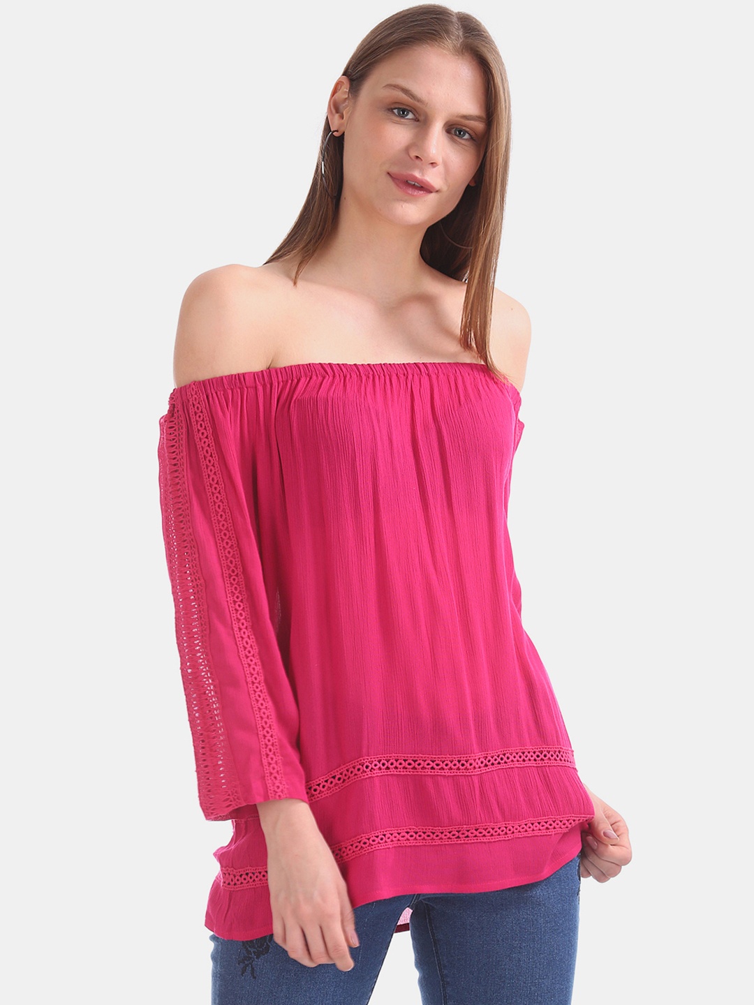 

Cherokee Women Pink Solid Bardot Top