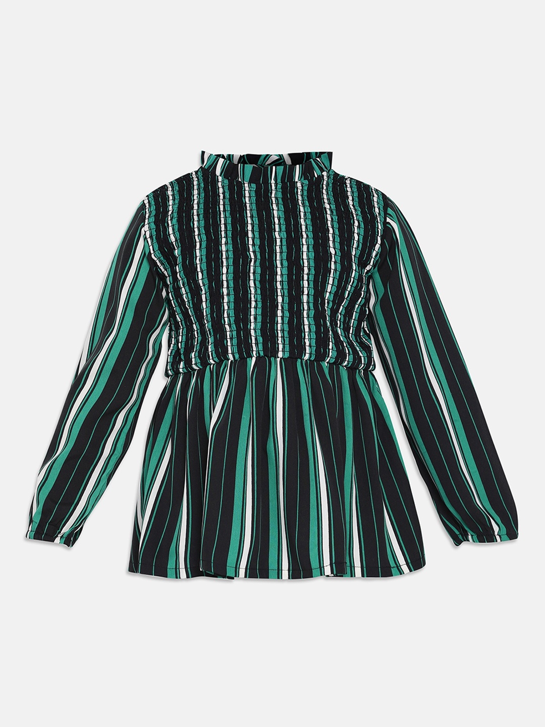 Oxolloxo Girls Green & Black Striped Top With Smocking Detail