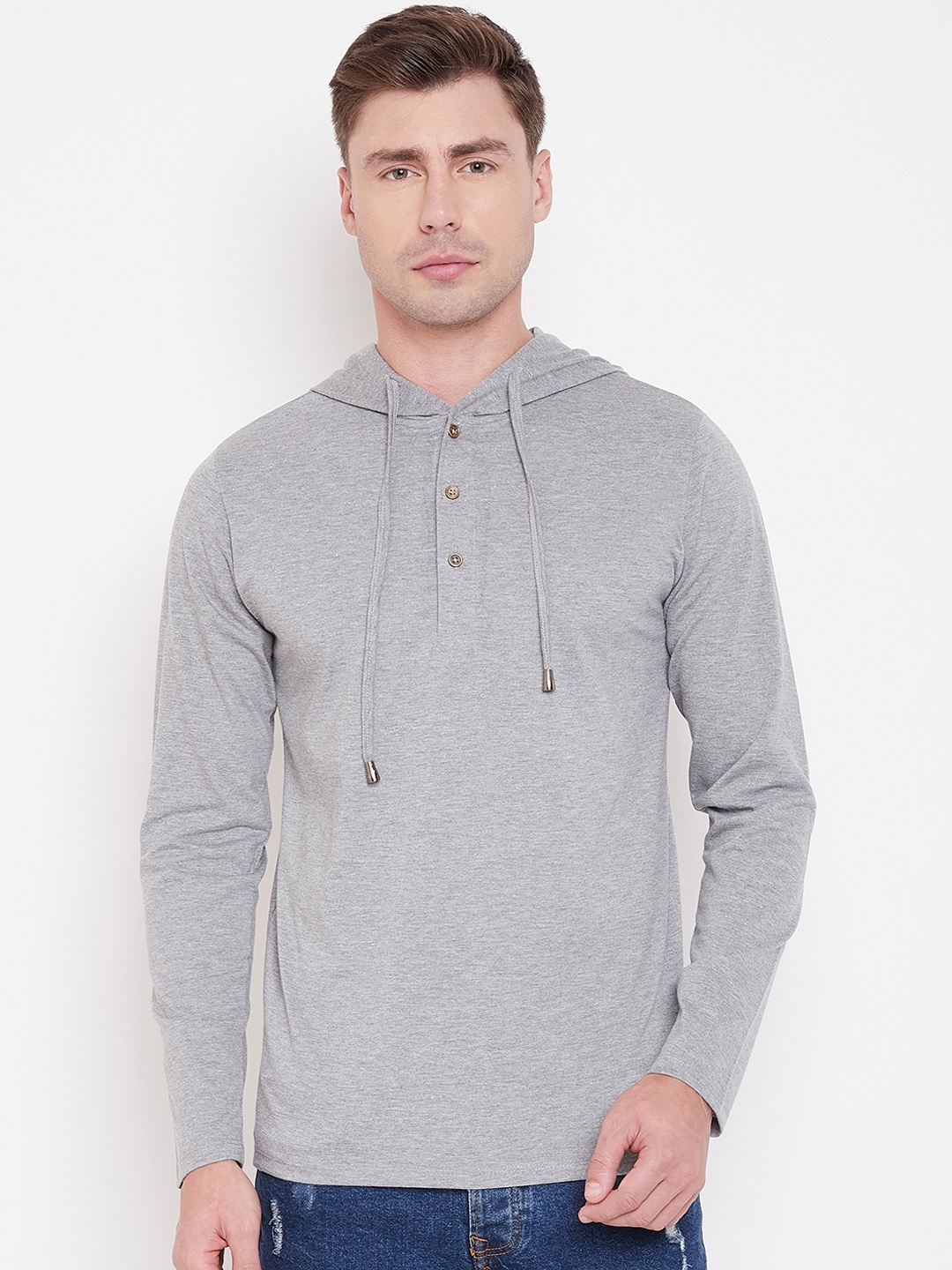 

LE BOURGEOIS Men Grey Self Design Hood T-shirt