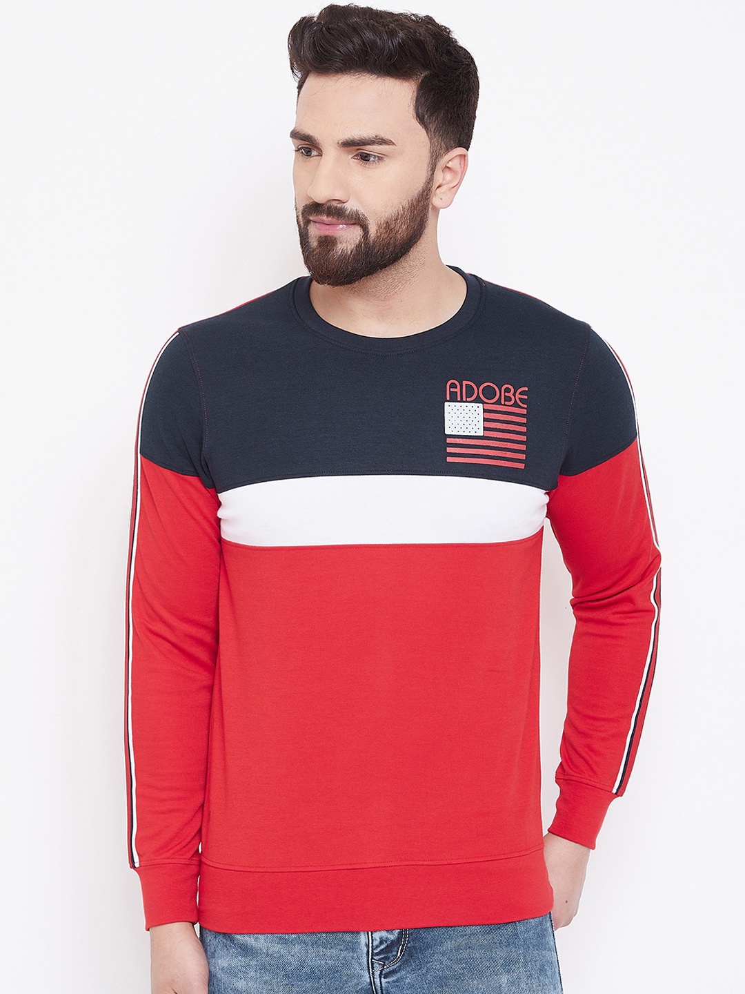 

Adobe Men Red & Navy Blue Colourblocked Sweatshirt