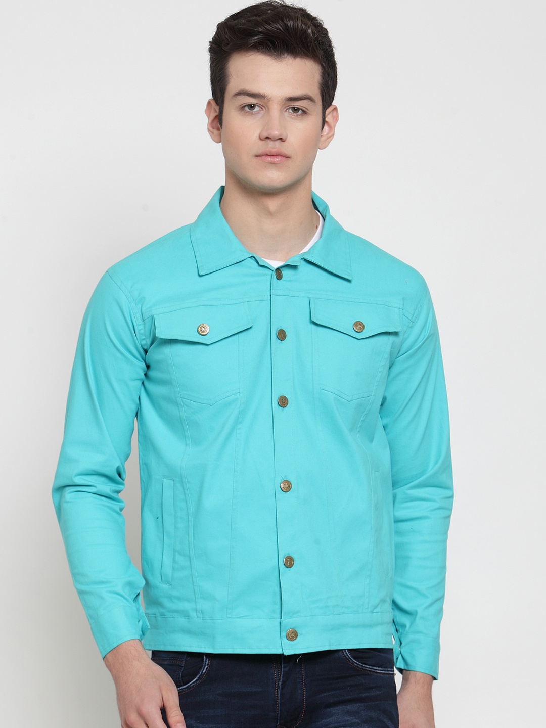 VOXATI Men Turquoise Blue Solid Denim Jacket