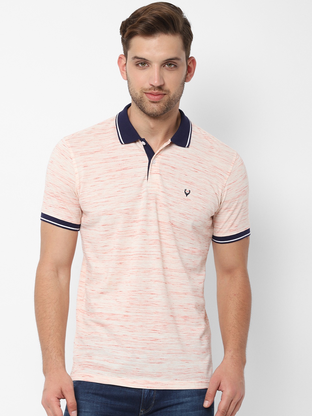 

Allen Solly Men Peach-Coloured Striped Polo Collar T-shirt