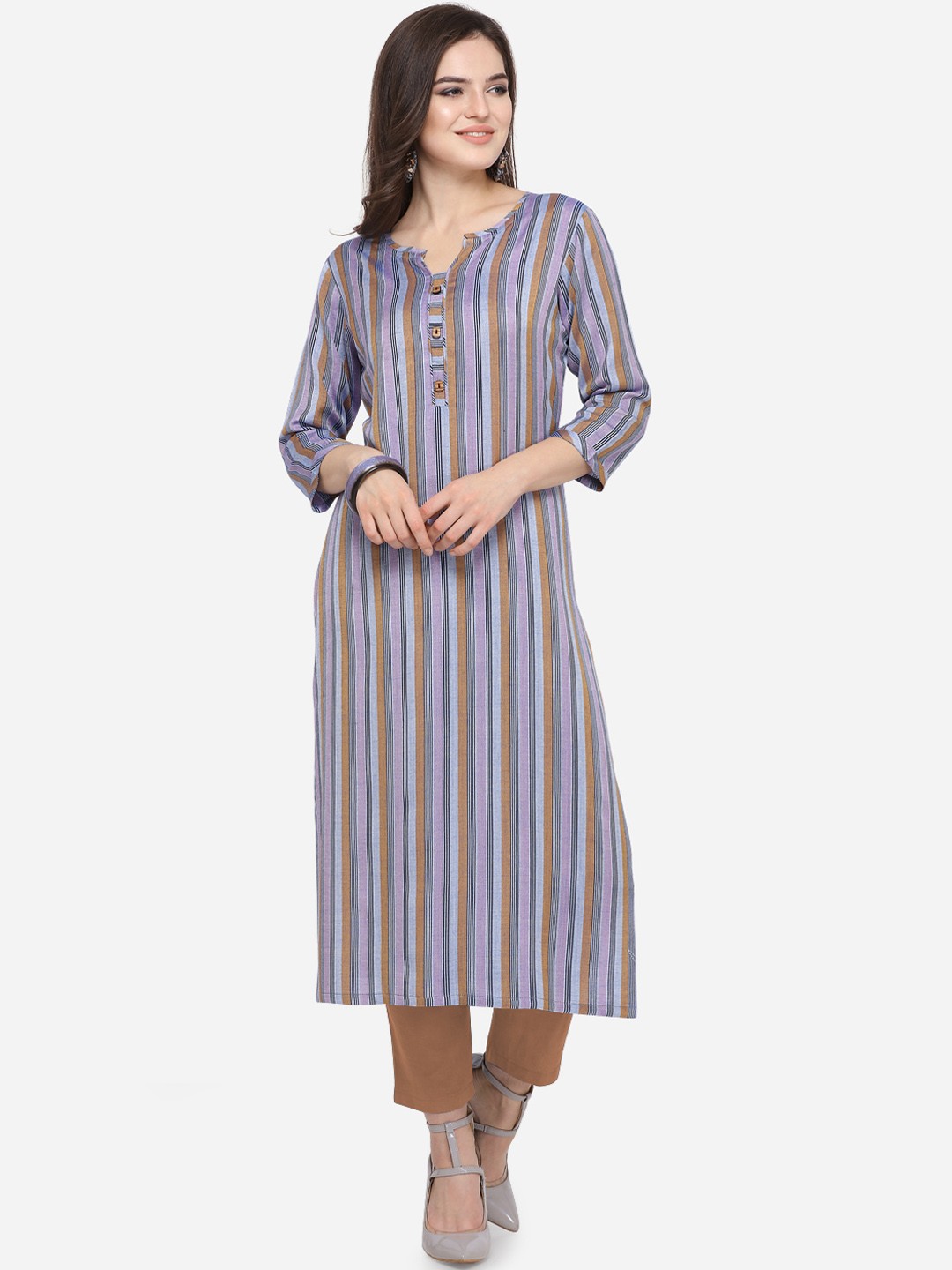 

Kvsfab Women Grey & Beige Striped Straight Kurta