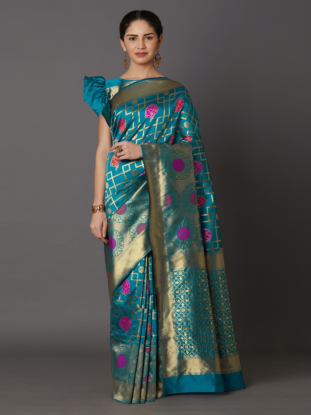 

Mitera Turquoise Blue Silk Blend Woven Design Kanjeevaram Saree