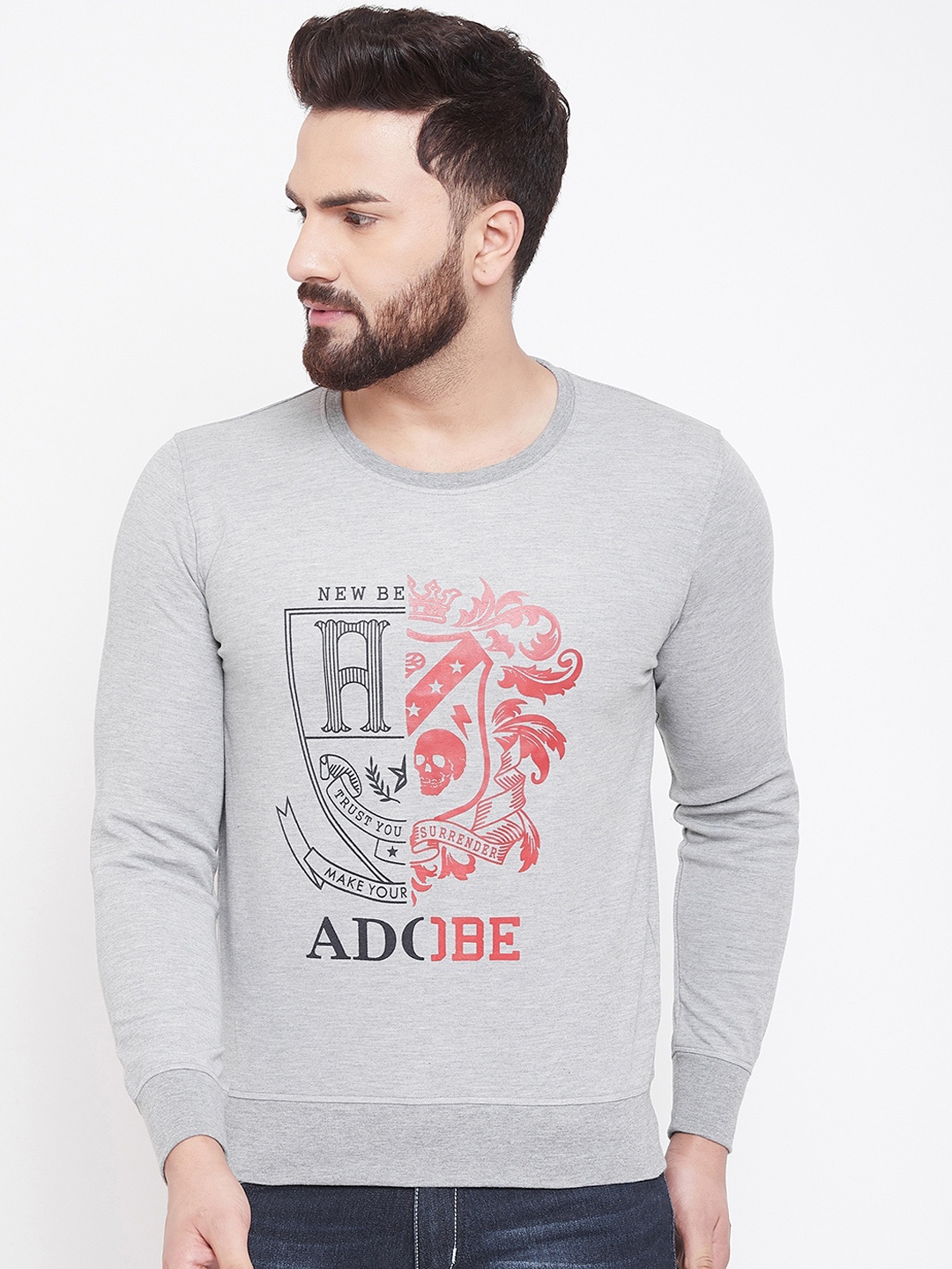 

Adobe Men Grey Melange Printed Sweatshirt