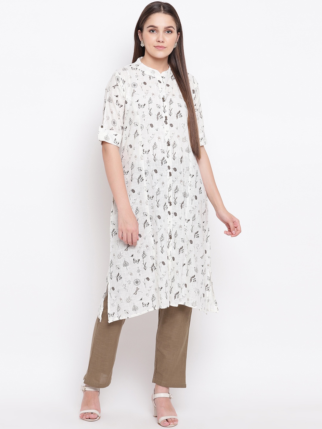 Kvsfab Women White & Olive Green Printed Kurta with Trousers