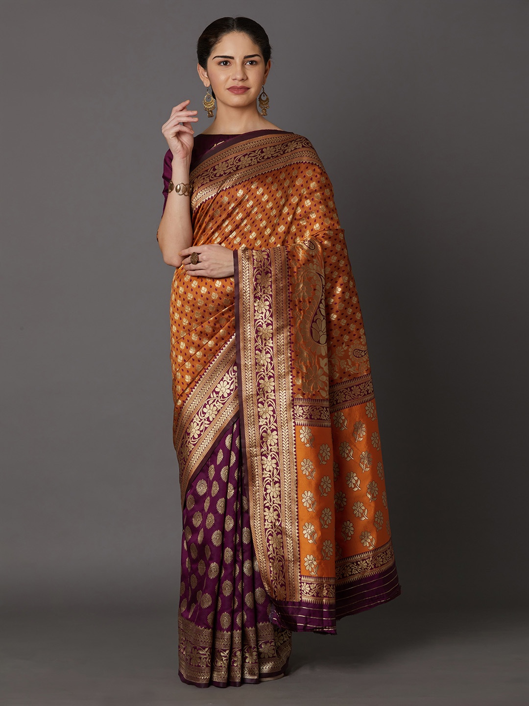 Mitera Orange & Purple Silk Blend Woven Design Kanjeevaram Saree