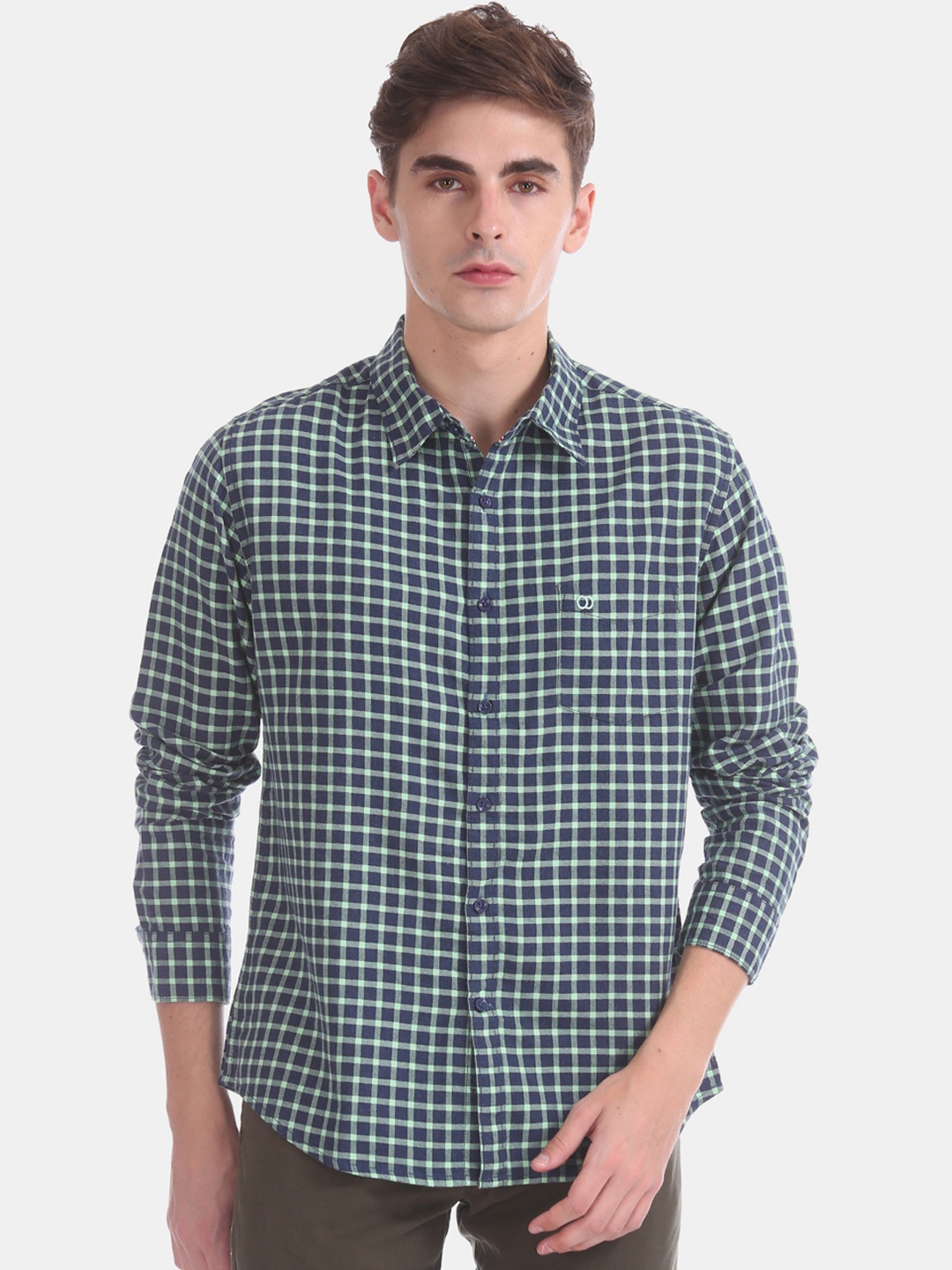 

Ruggers Men Green & Off-White Slim Fit Checked Casual Shirt