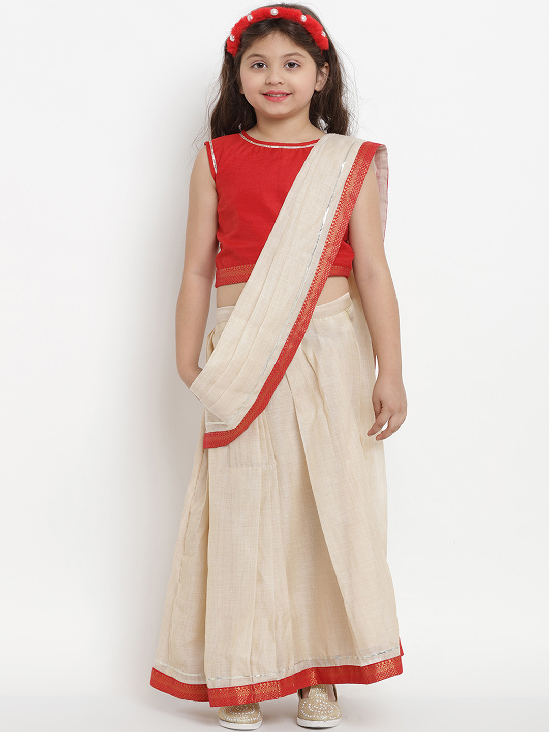 

Bitiya by Bhama Girls Beige & Red Art Silk Solid Chanderi Saree