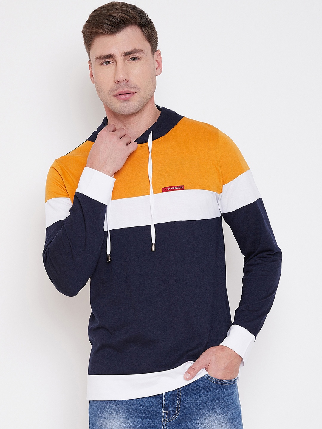 

LE BOURGEOIS Men Yellow & Navy Blue Colourblocked Hood T-shirt
