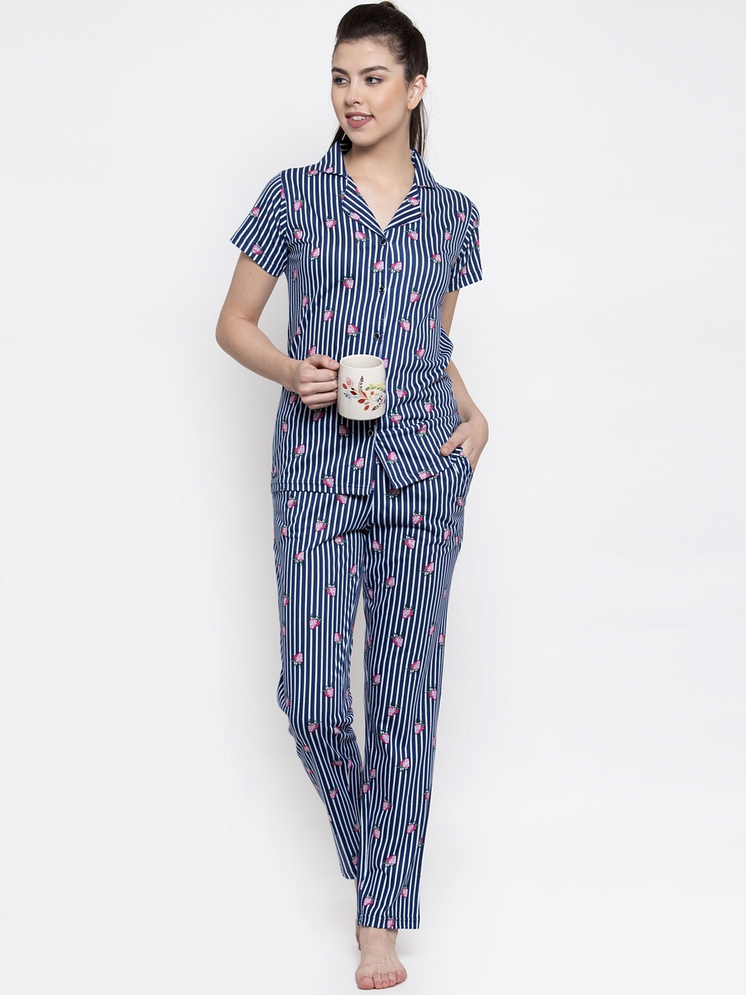 Claura Women Navy Blue & White Striped Night suit