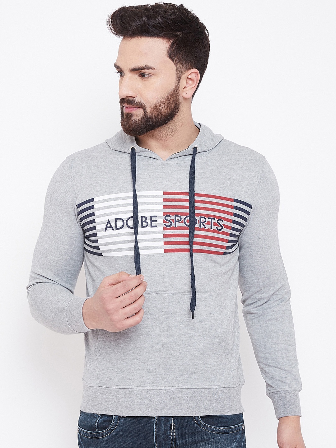 

Adobe Men Grey Printed Hooded Sweatshirt