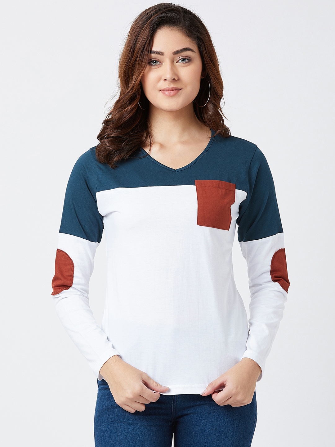 

The Dry State Women White & Teal Green Colourblocked V-Neck T-shirt