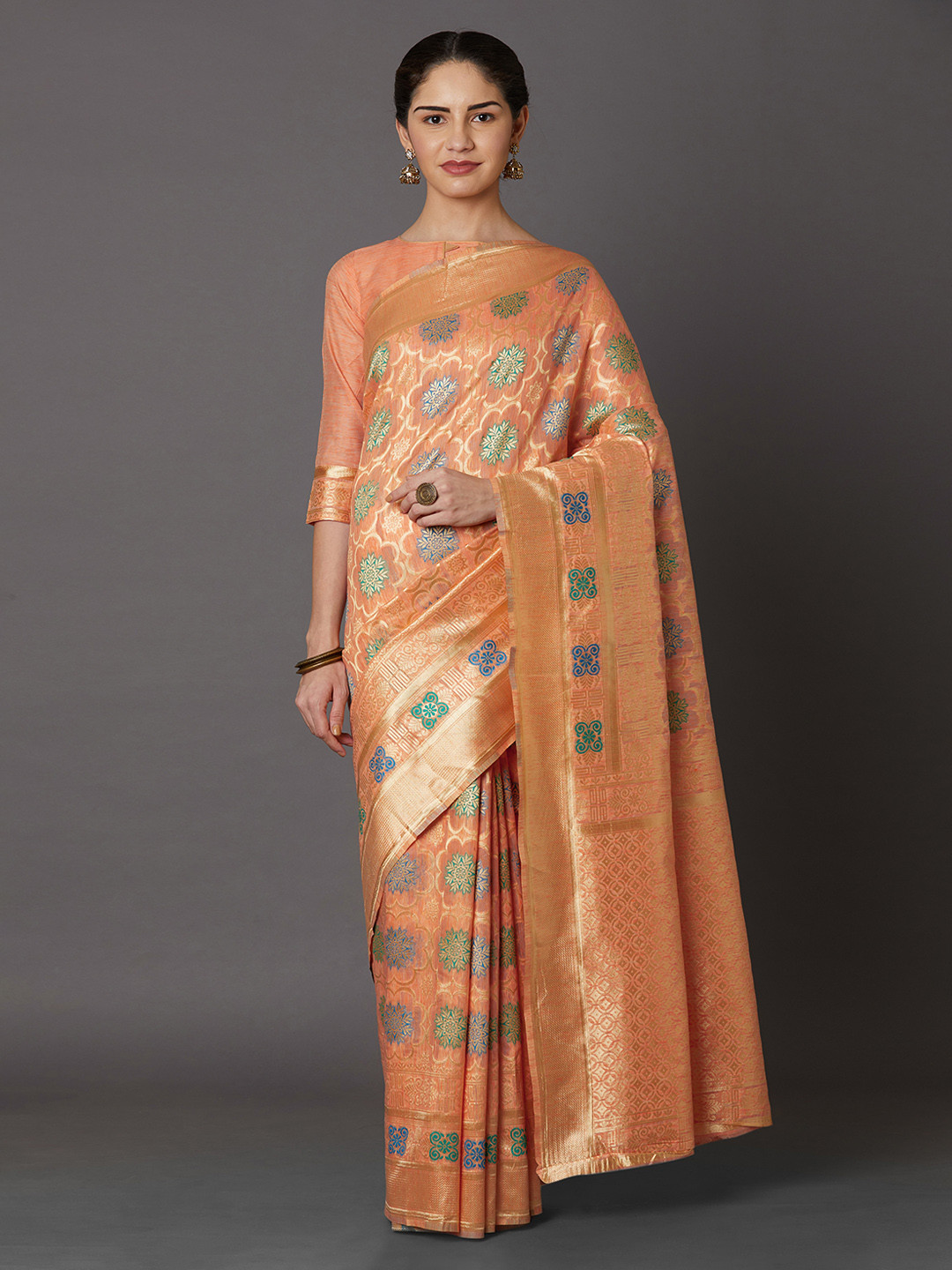 

Mitera Orange & Green Silk Blend Woven Design Kanjeevaram Saree