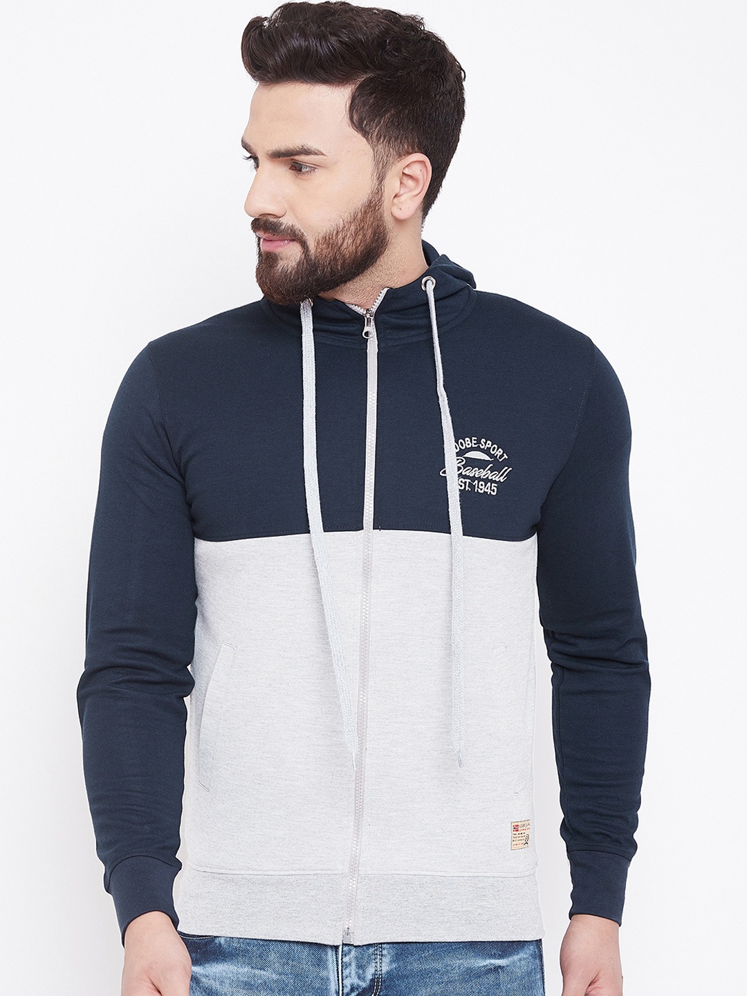 

Adobe Men Navy Blue & Grey Melange Colourblocked Hooded Sweatshirt