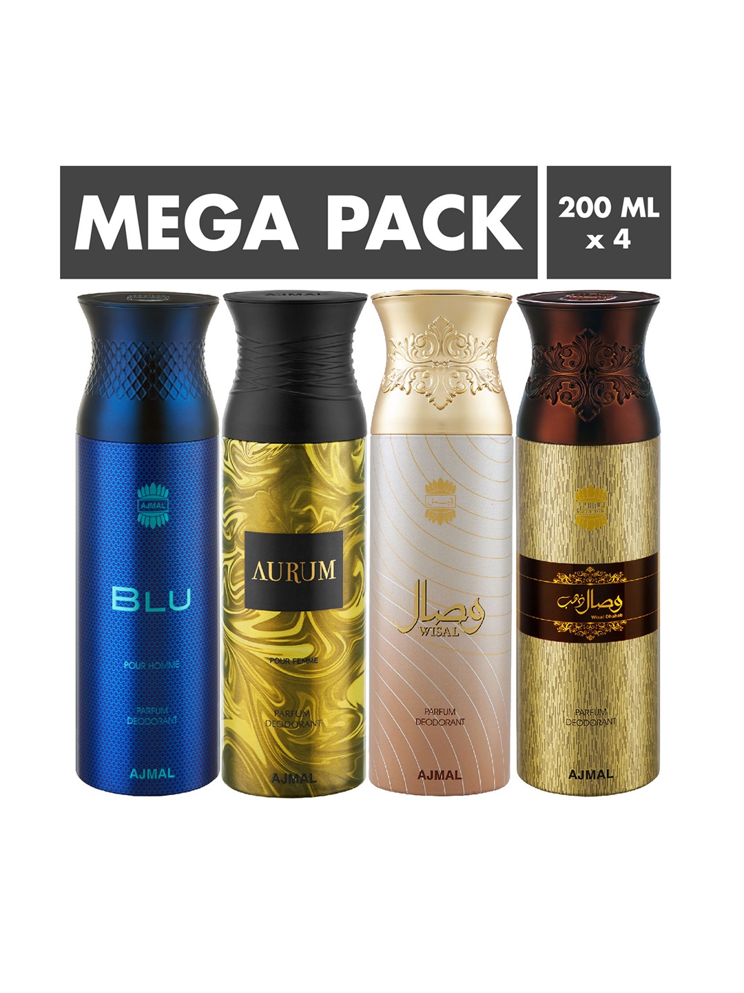

Ajmal Unisex Set Of 4 Blu Aurum Wisal & Wisal Dhahab Deodorants 200ml each, Blue