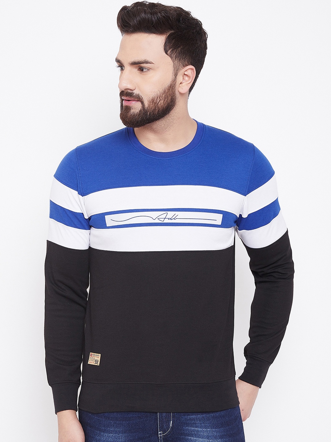 

Adobe Men Navy Blue & Off-White Striped Sweatshirt