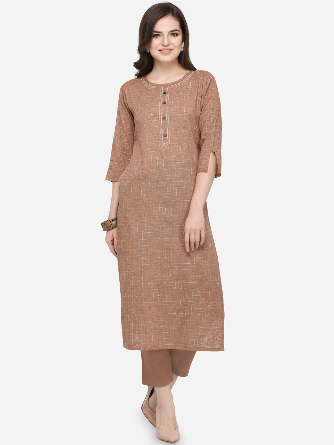 

Kvsfab Women Brown Printed Straight Kurta