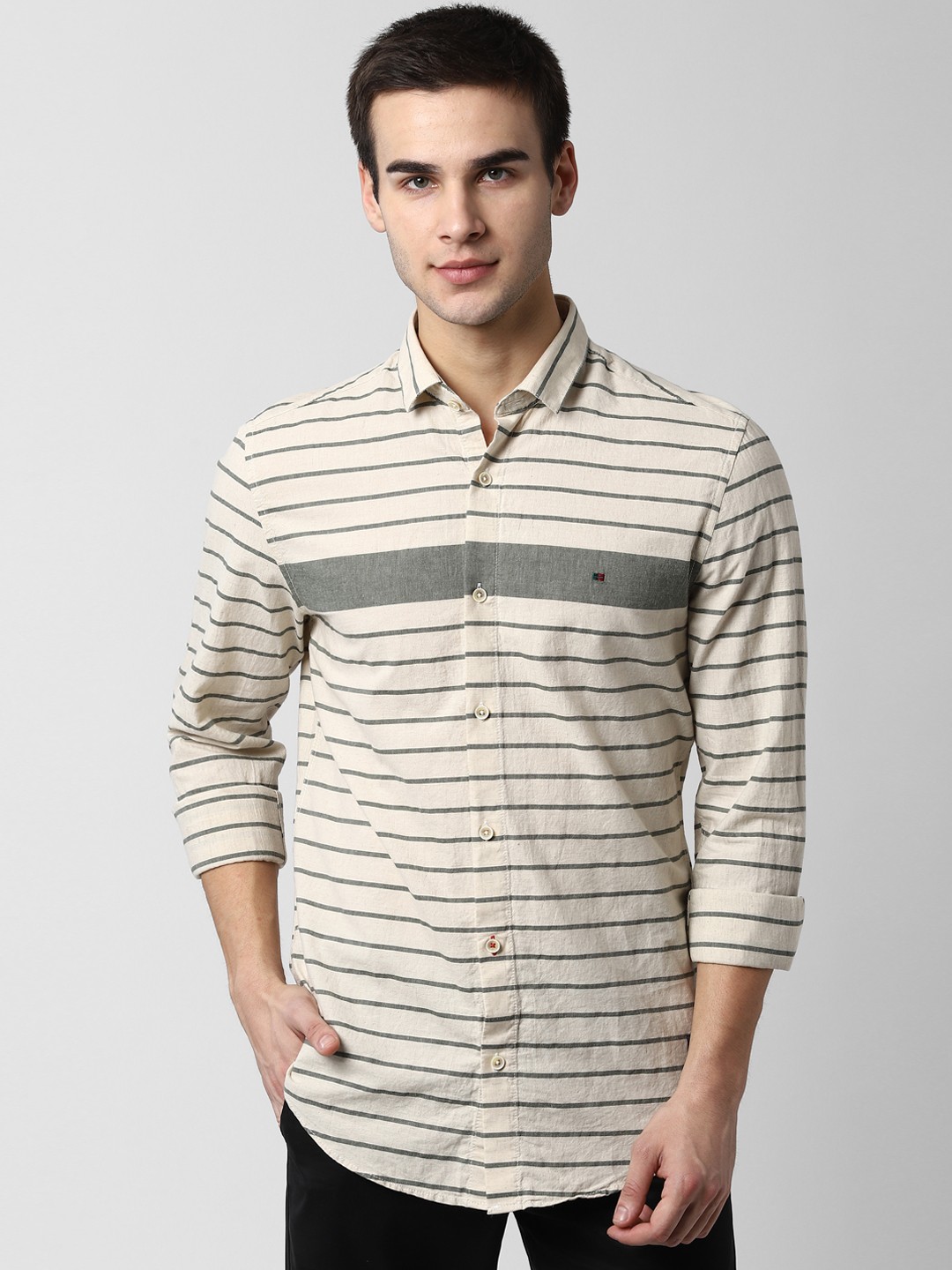 

Peter England Casuals Men Beige & Grey Slim Fit Striped Casual Shirt