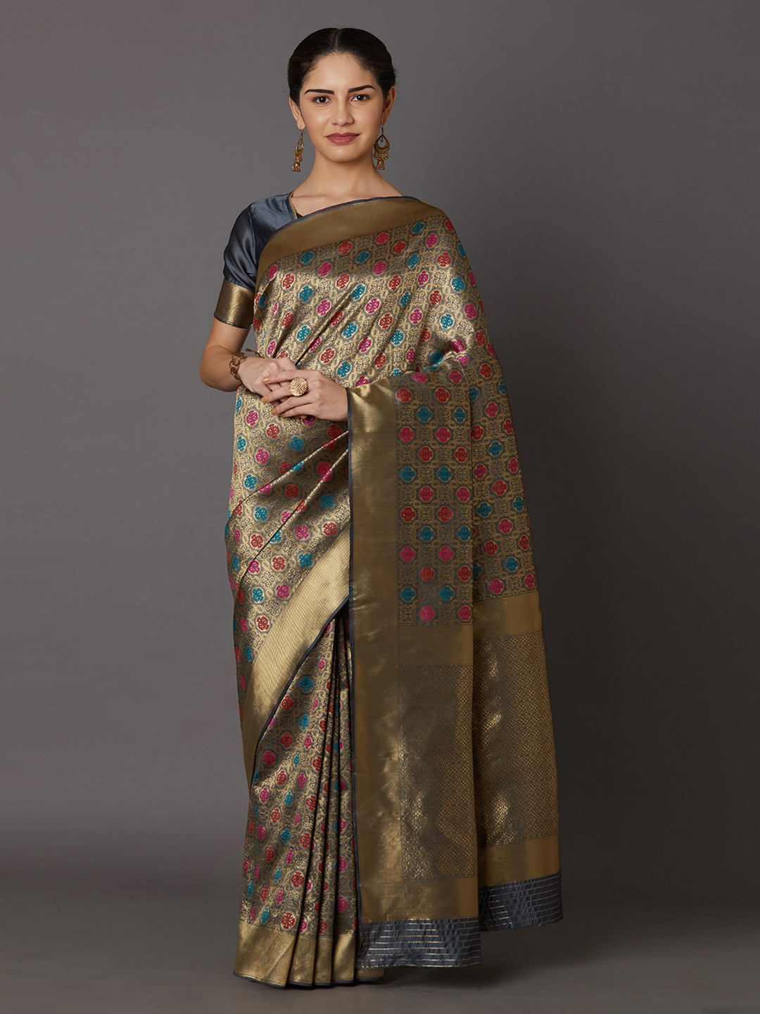 

Mitera Gold-Toned Silk Blend Woven Design Kanjeevaram Saree
