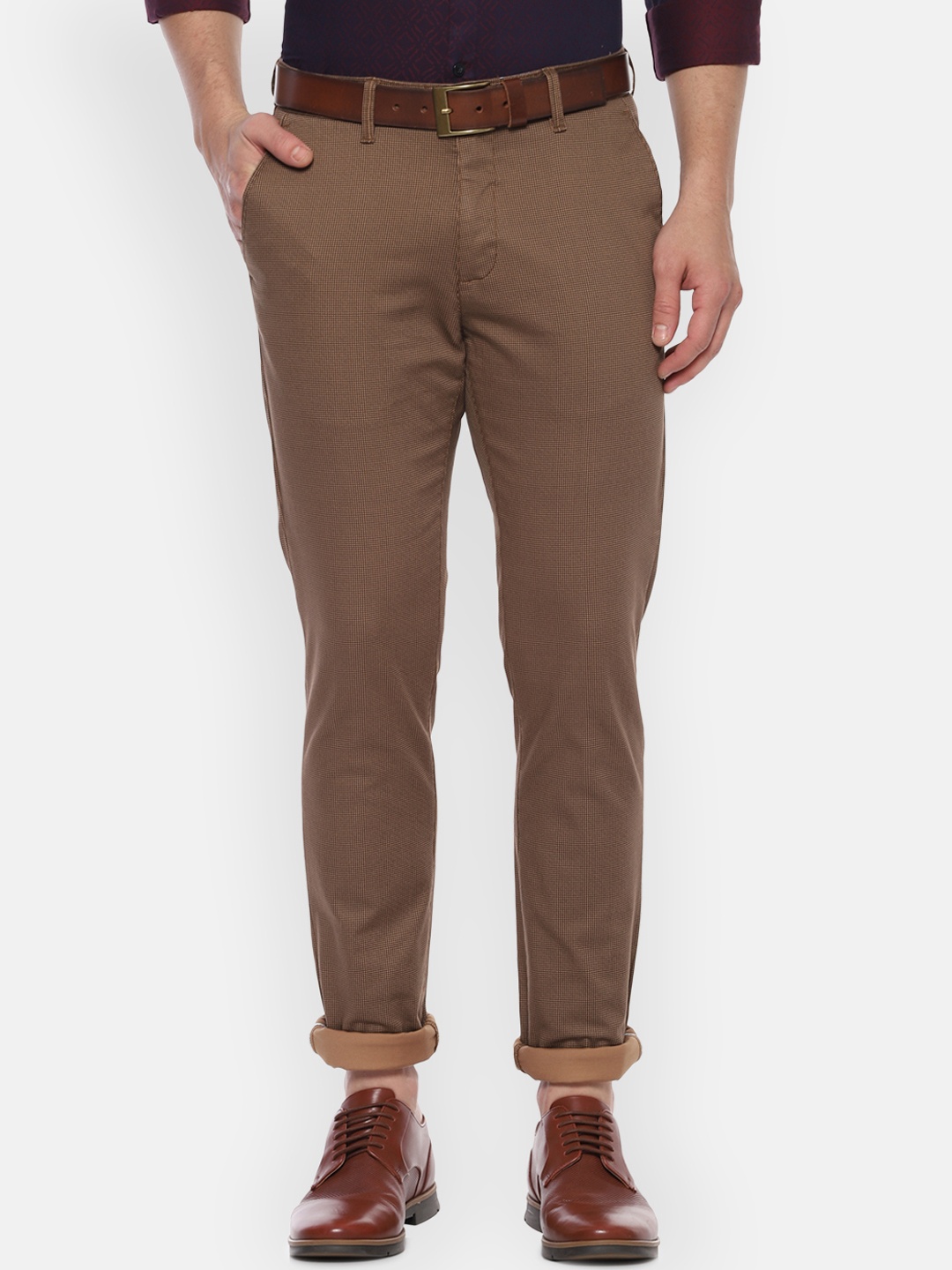 Van Heusen Sport Men Brown Slim Fit Self Design Regular Trousers