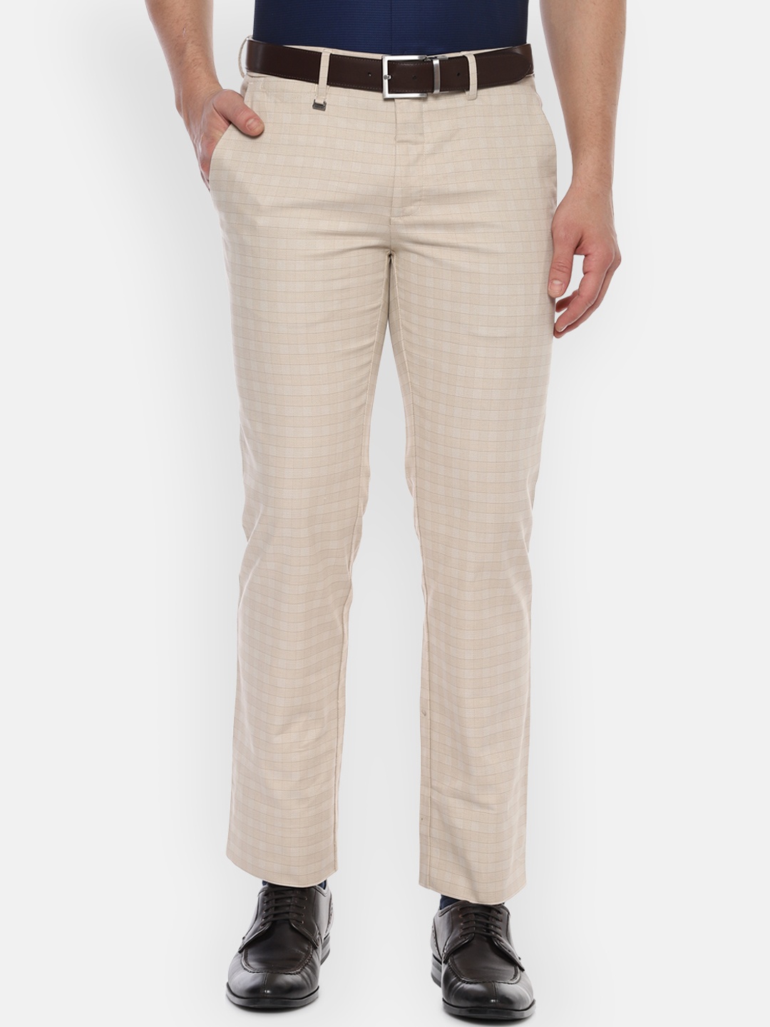 

Van Heusen Men Beige Slim Fit Checked Formal Trousers