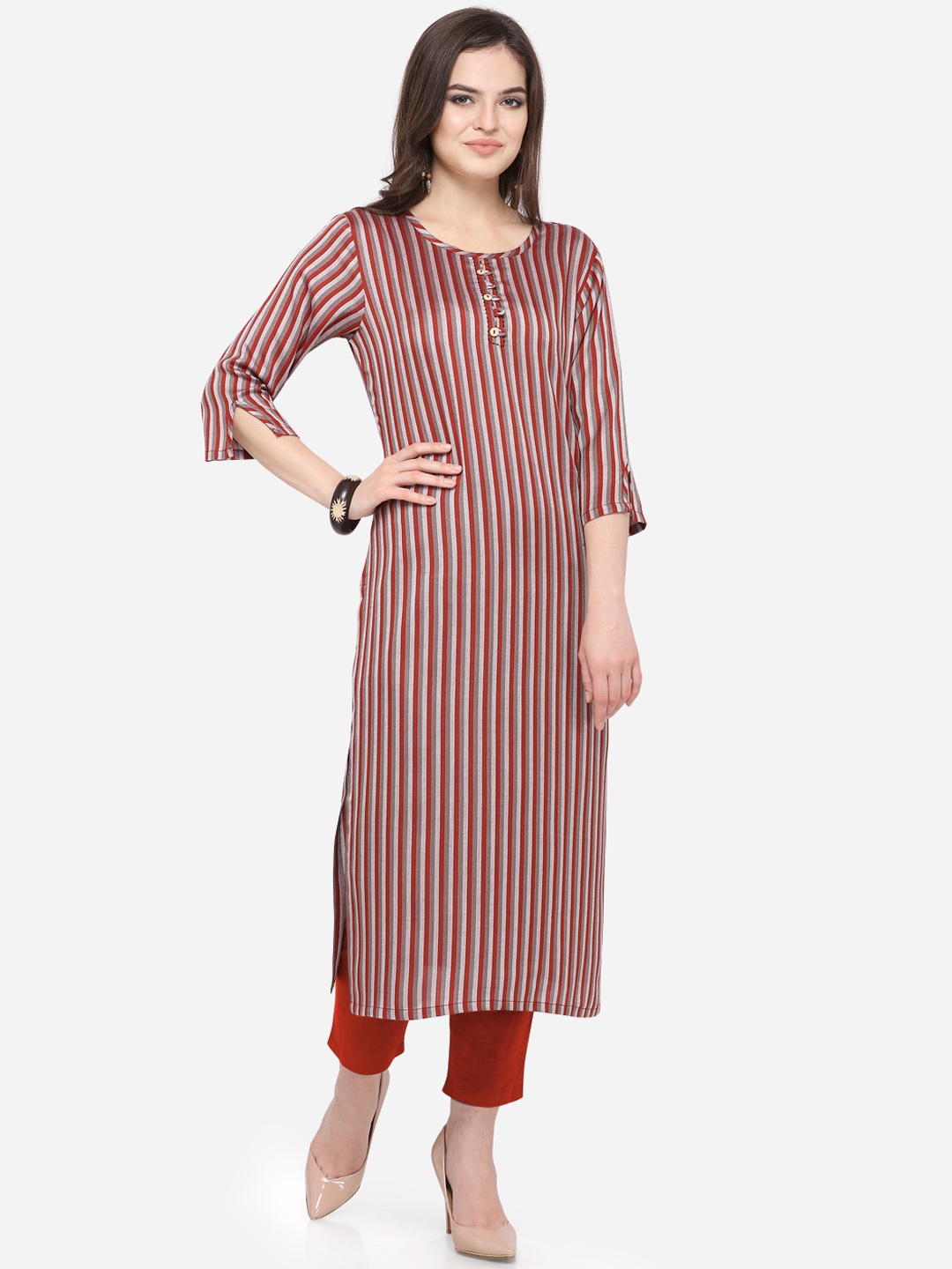 Kvsfab Women Red & Beige Striped Straight Kurta