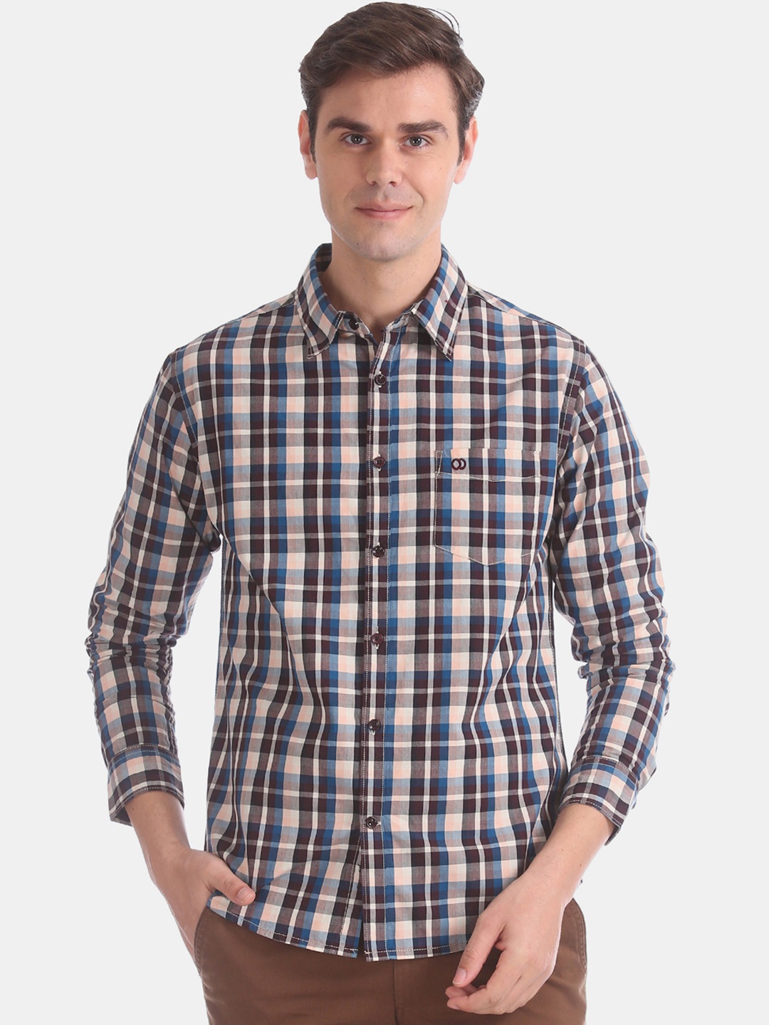 

Ruggers Men Peach-Coloured & Brown Slim Fit Checked Casual Shirt