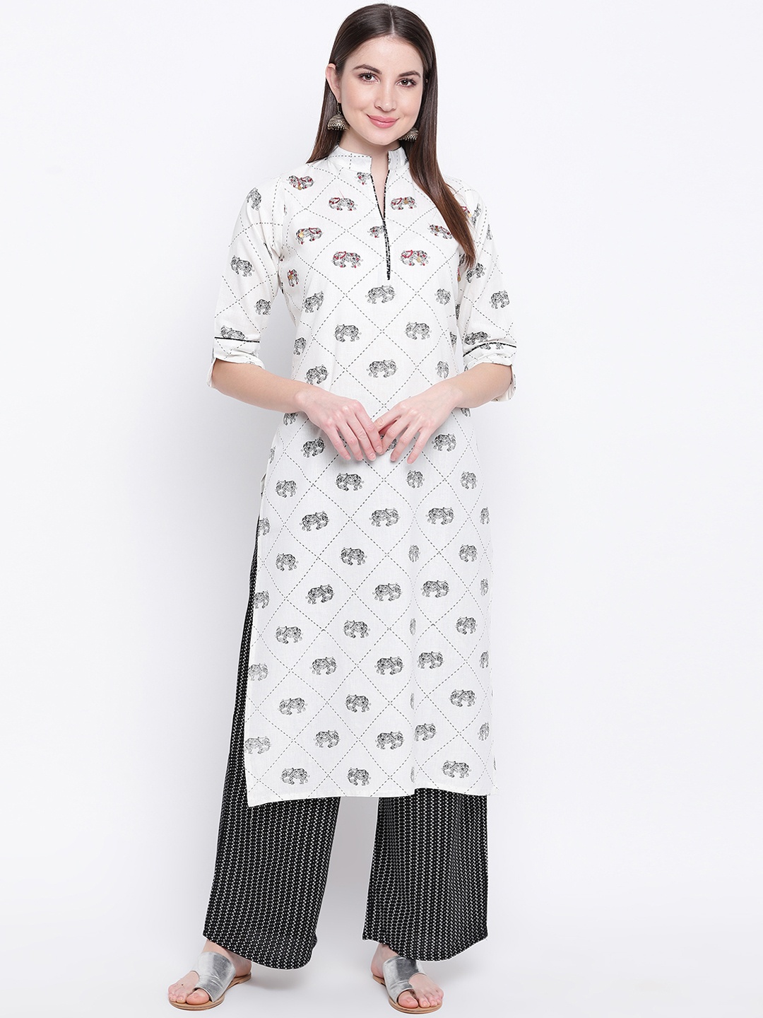 

Kvsfab Women White & Black Printed Kurta with Palazzos
