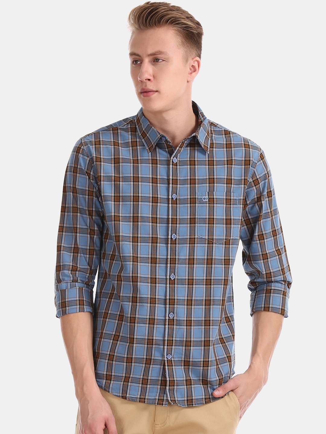 

Ruggers Men Blue & Brown Slim Fit Checked Casual Shirt