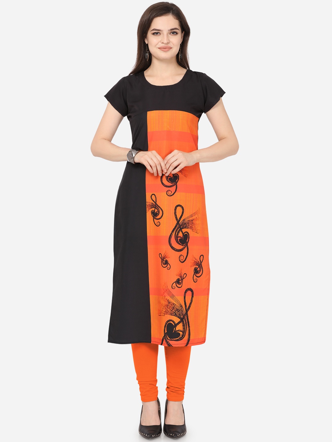 Kvsfab Women Black & Orange Printed Straight Kurta