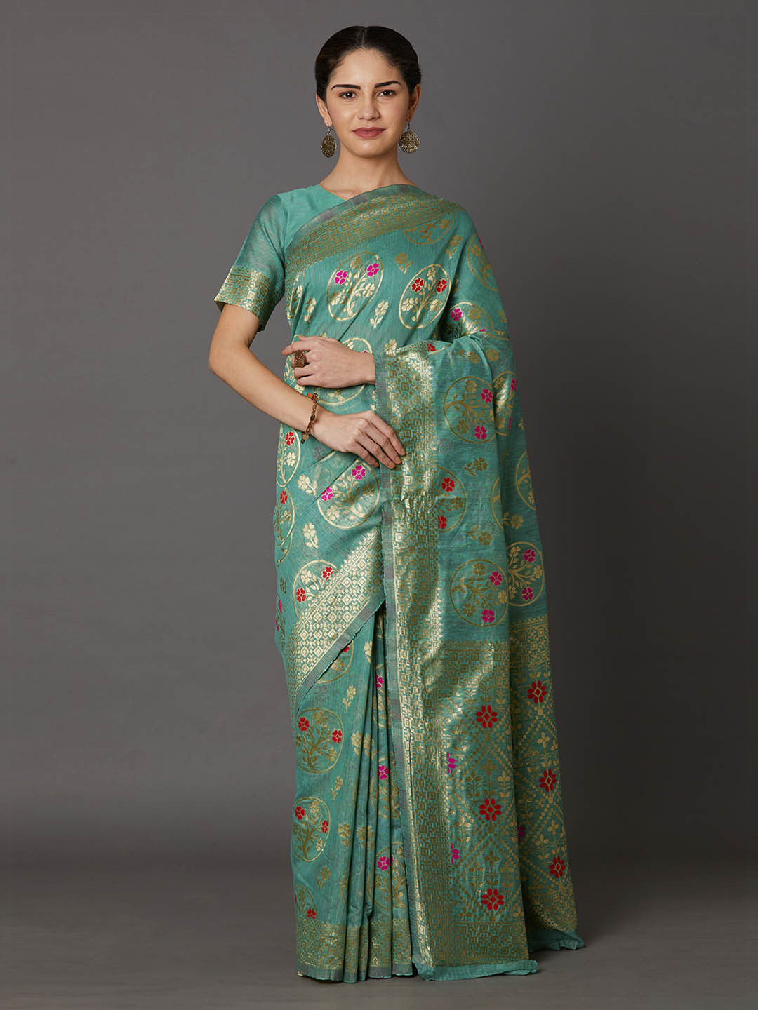 

Mitera Teal Green Silk Blend Woven Design Kanjeevaram Saree