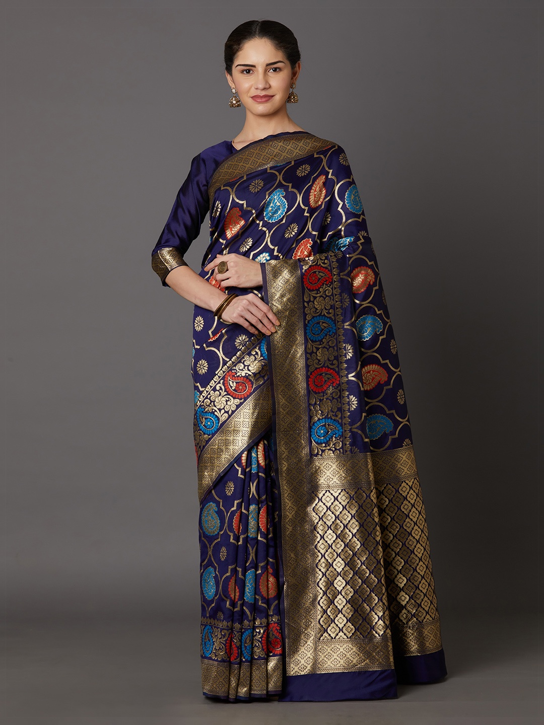 

Mitera Navy Blue & Gold-Toned Silk Blend Woven Design Kanjeevaram Saree