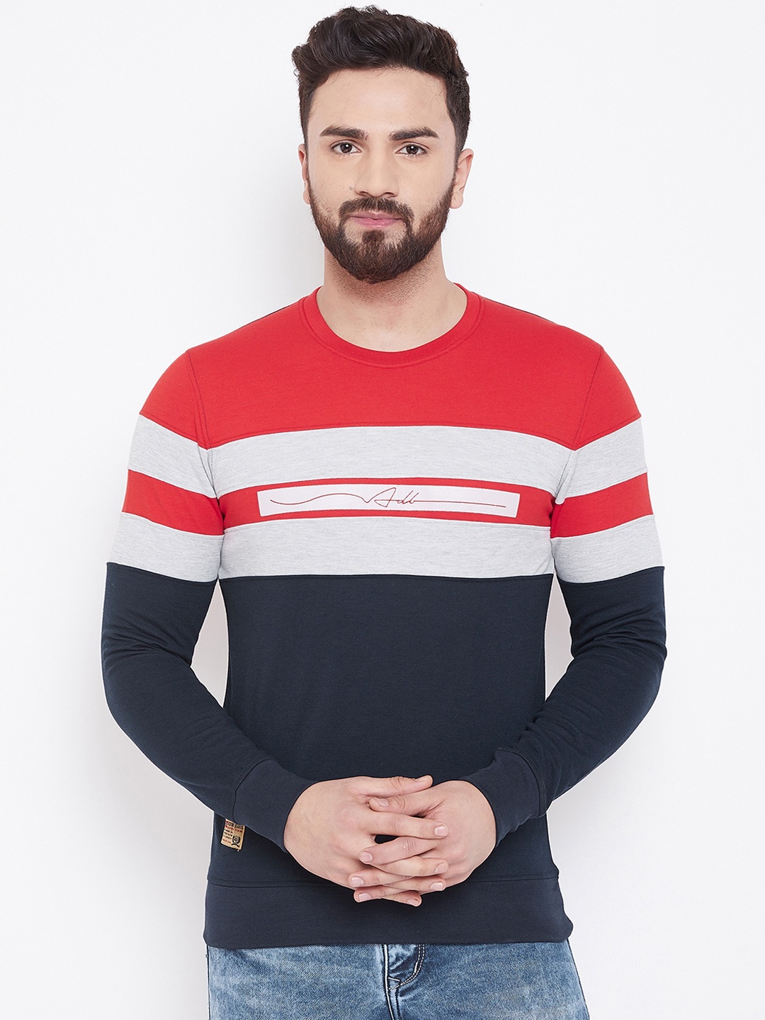 

Adobe Men Navy Blue & Red Colourblocked Sweatshirt