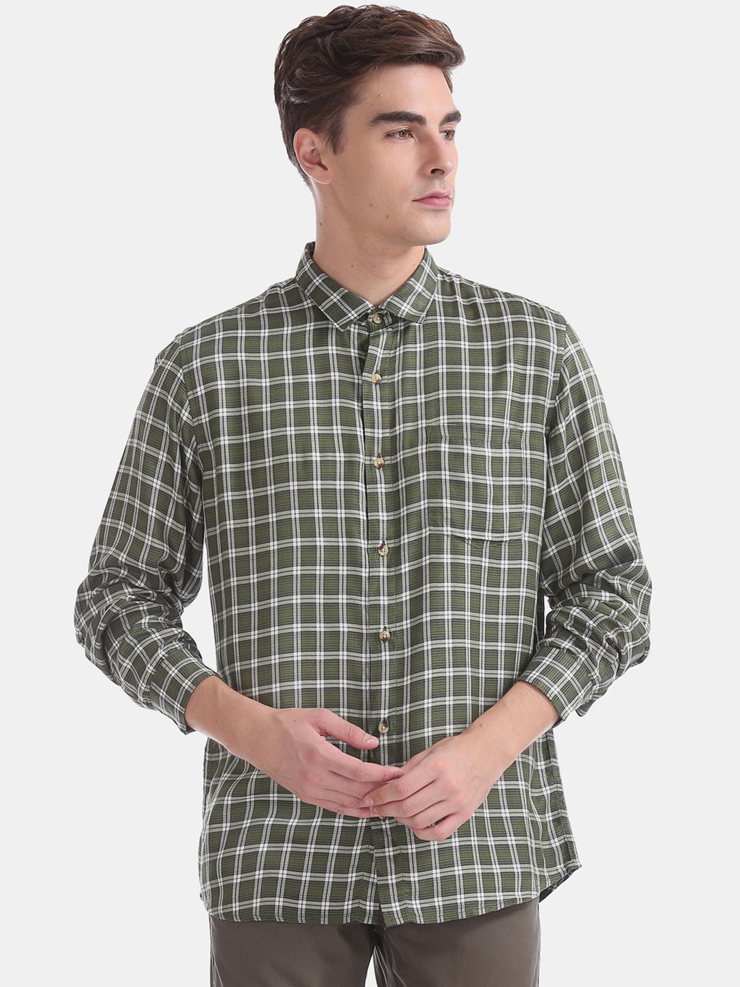 

Ruggers Men Olive Green & White Regular Fit Checked Casual Shirt