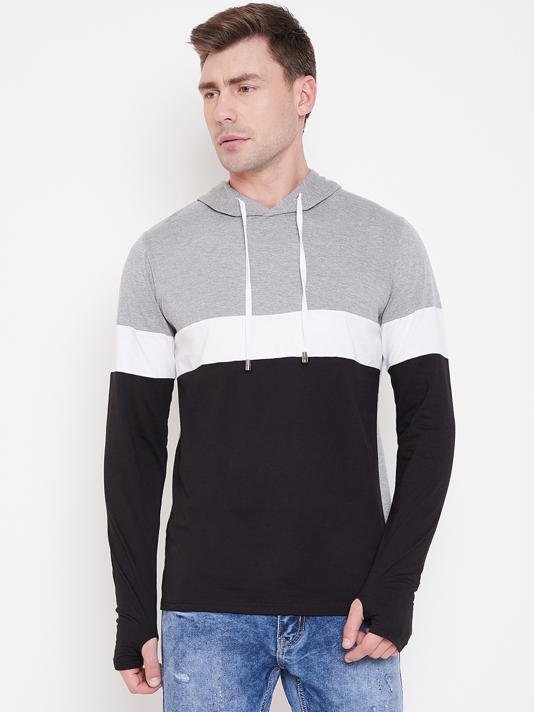 

LE BOURGEOIS Men Grey Colourblocked Hooded T-shirt