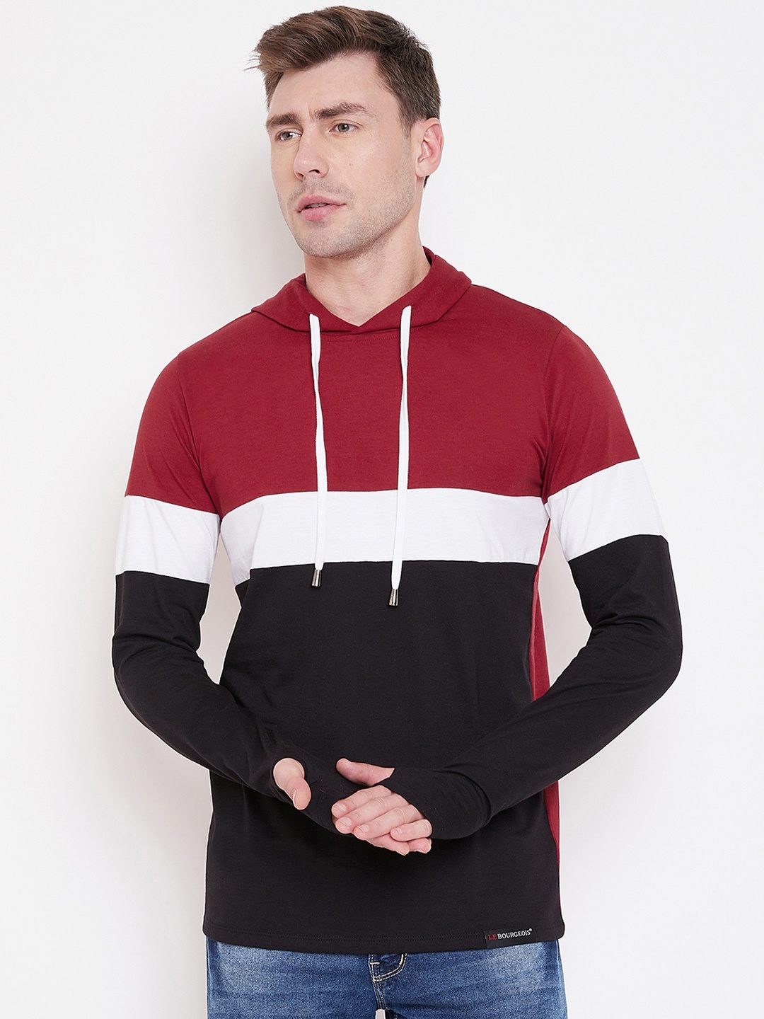 

LE BOURGEOIS Men Maroon Colourblocked Hooded T-shirt