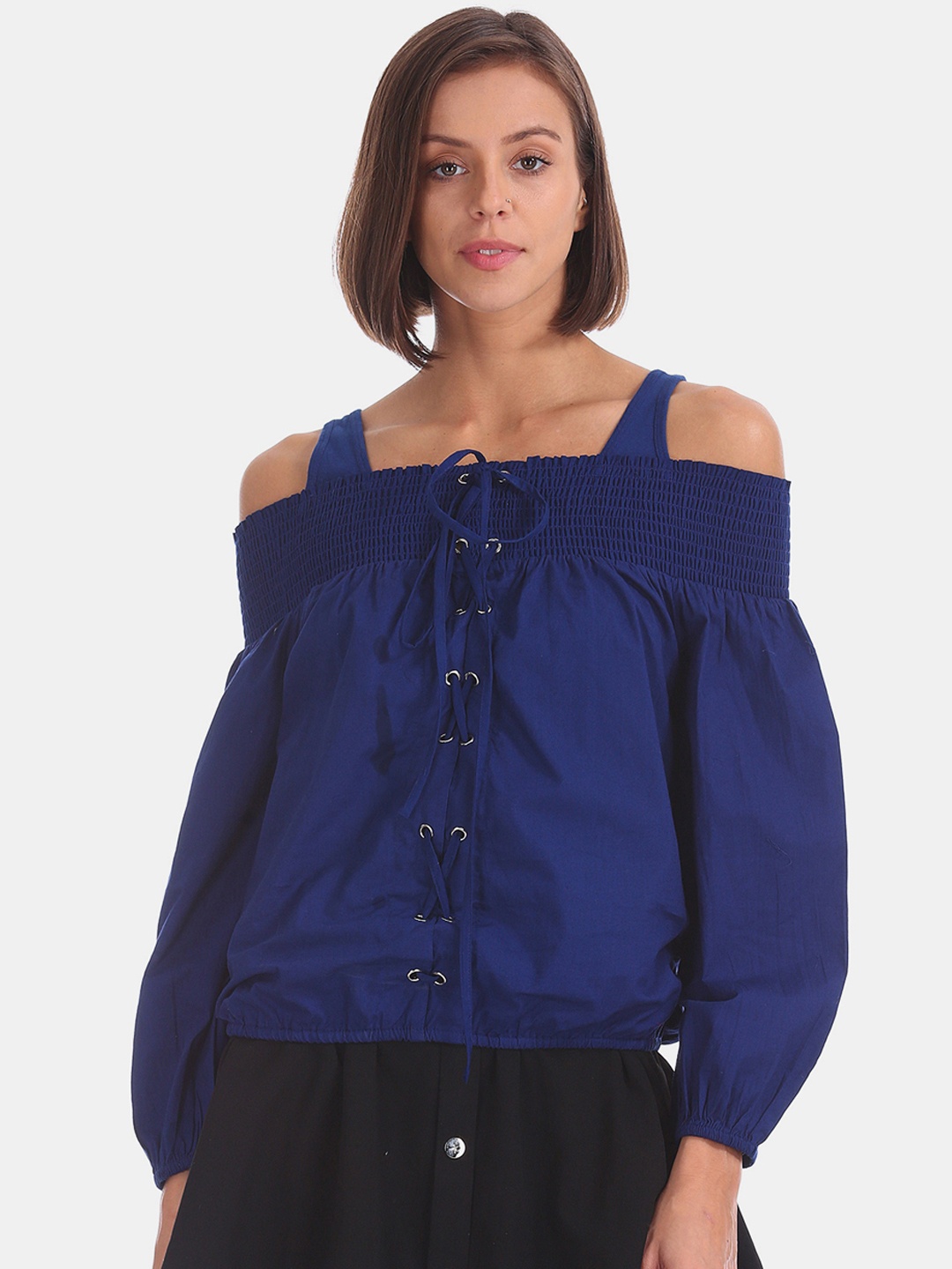 

Cherokee Women Blue Solid Bardot Pure Cotton Top