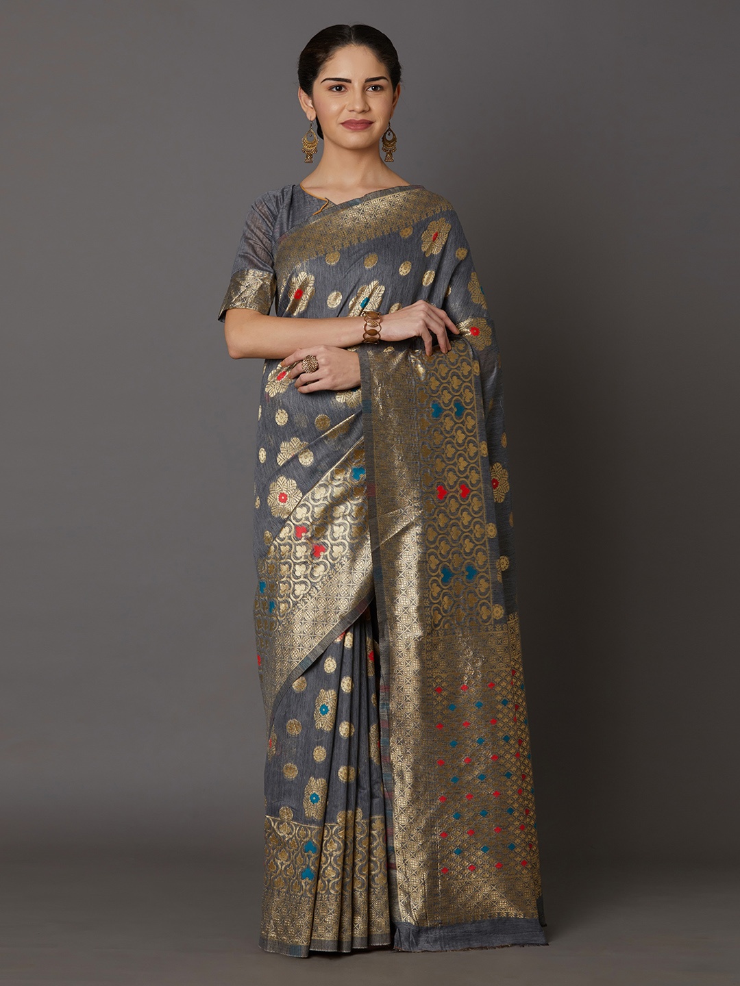 

Mitera Grey Silk Blend Woven Design Kanjeevaram Saree