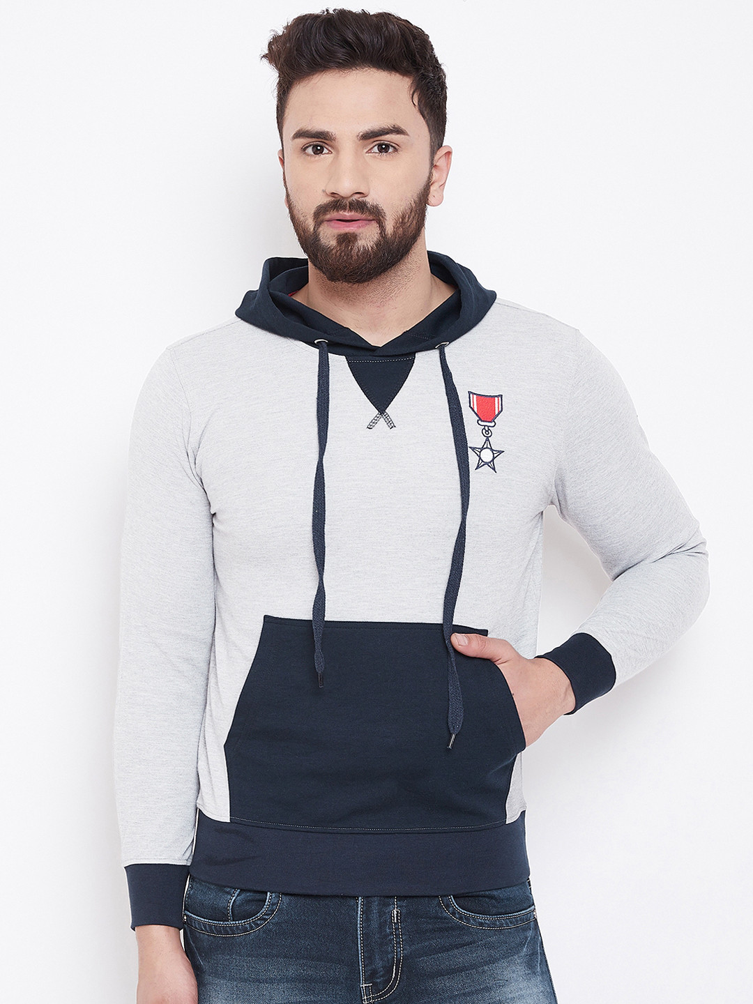 

Adobe Men Grey Melange & Navy Blue Colourblocked Hooded Sweatshirt