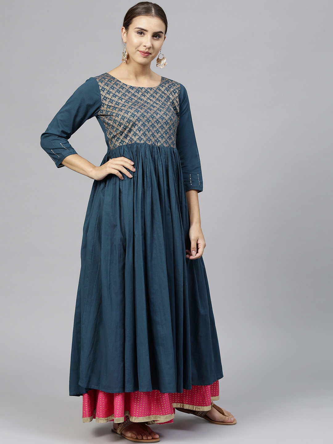 

Varanga Women Teal Blue Yoke Design A-Line Kurta