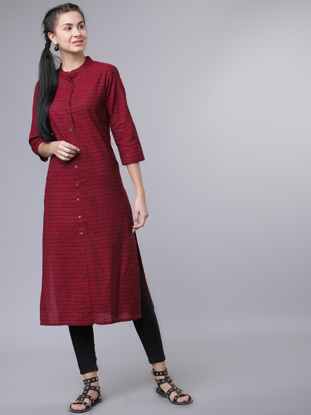 

Vishudh Women Maroon & Black Striped Straight Kurta