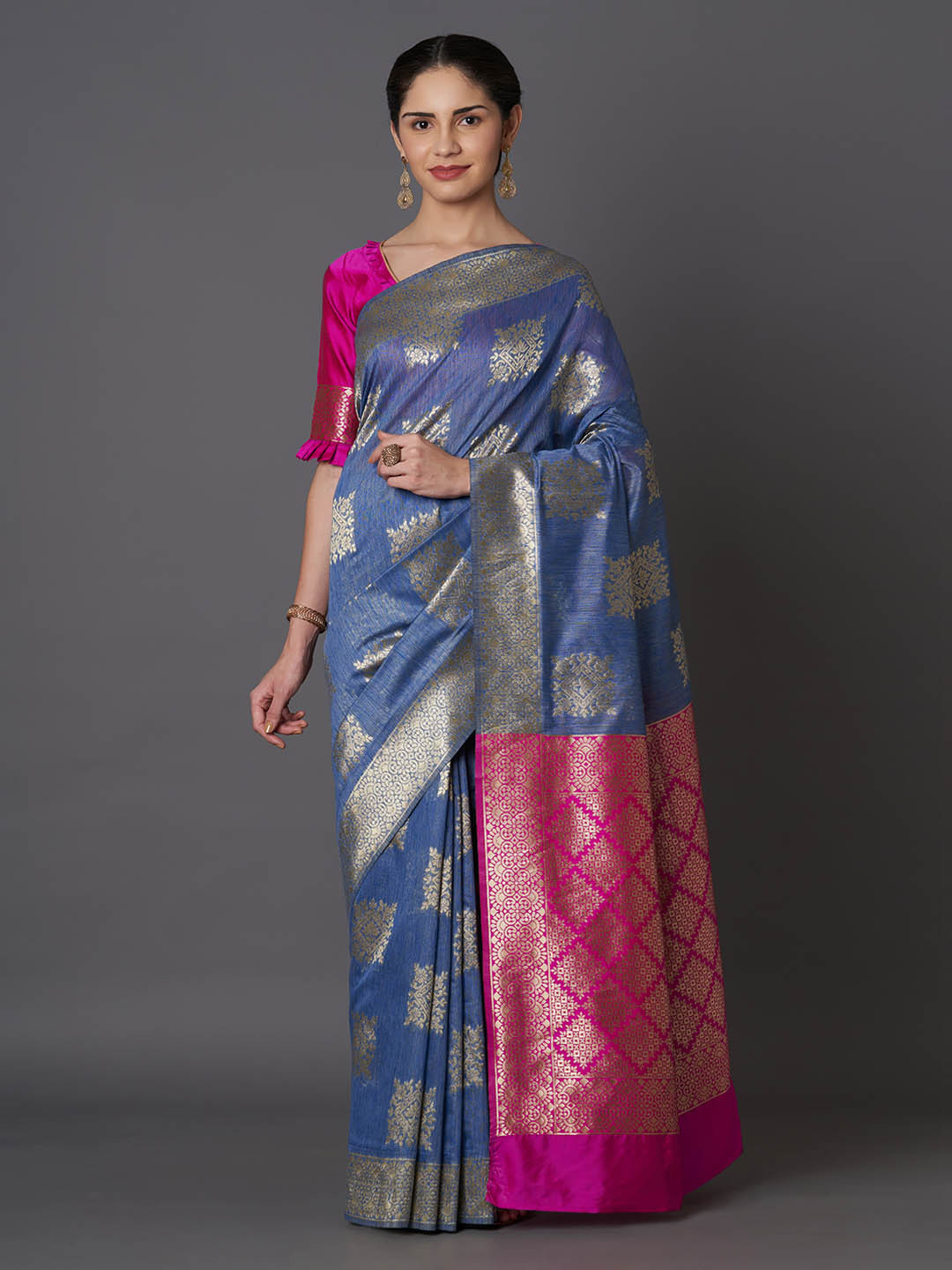 

Mitera Blue & Muted Gold-Coloured Silk Blend Woven Design Kanjeevaram Saree