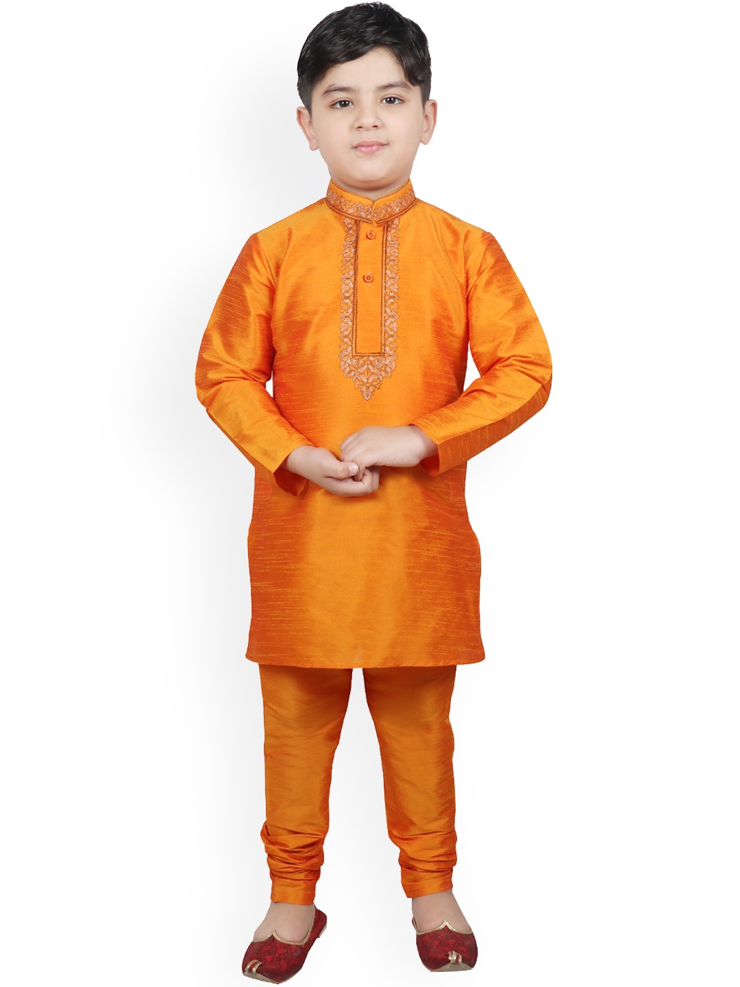 

SG YUVRAJ Boys Orange Embroidered Raw Silk Kurta with Pyjamas