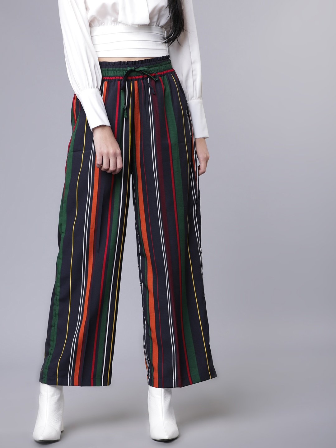 

Tokyo Talkies Women Navy Blue & Green Striped Regular Fit Parallel Trousers