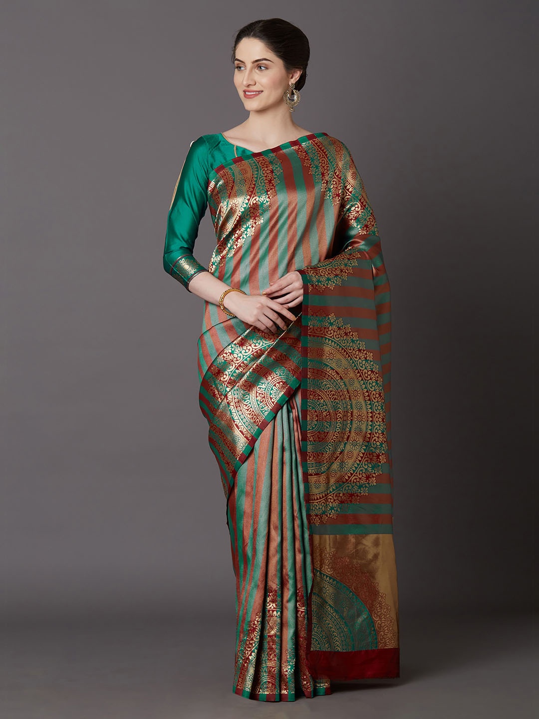 Mitera Teal Green & Red Silk Blend Woven Design Kanjeevaram Saree