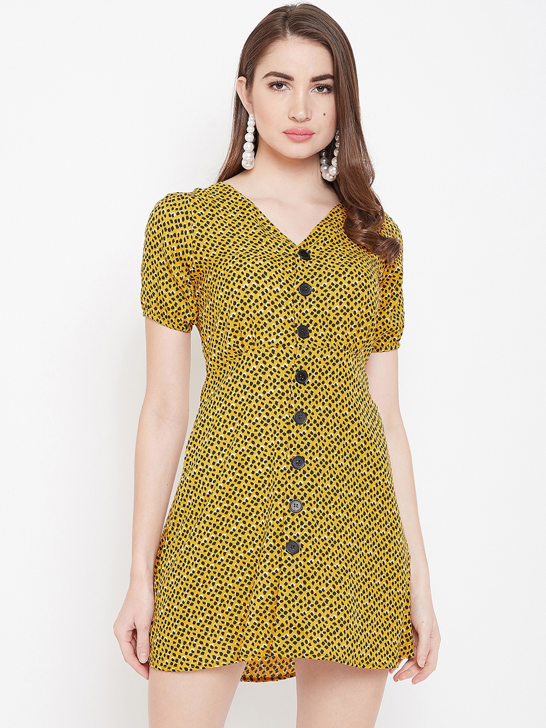 

Berrylush Women Yellow & Black Printed A-Line Dress